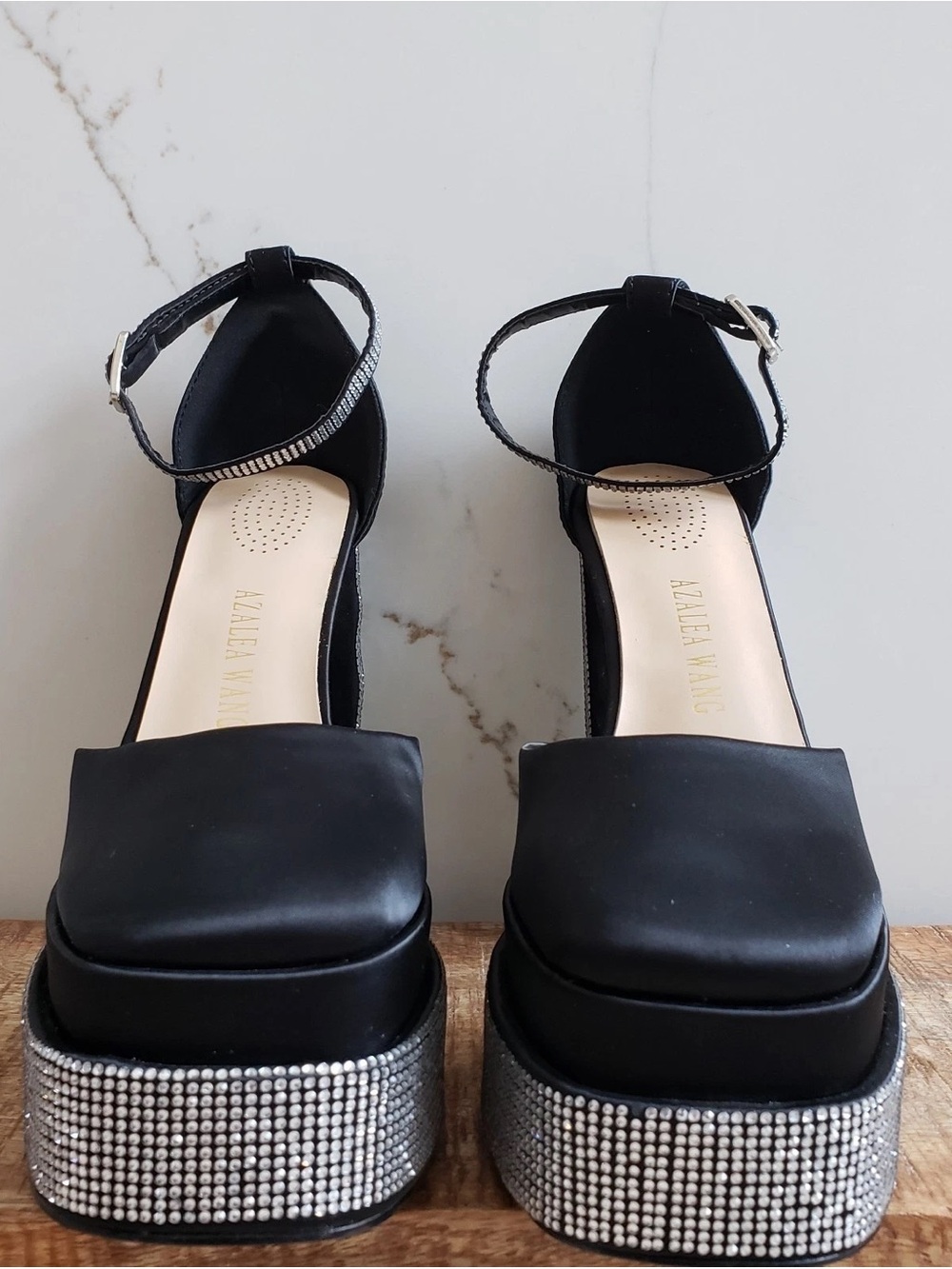 Black Platform Ankle-Strap Sandals with Rhinestone Heel